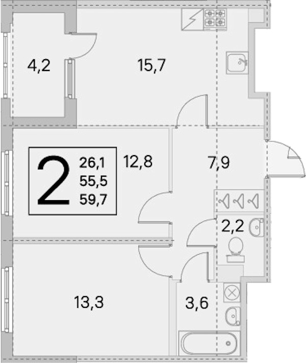2-комнатная квартира 55.5 м², 1/5 эт., ЖК «ЮгТаун. Олимпийские кварталы»